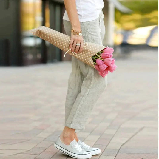 Mandotos Summer Elegance drawstring trousers featuring lightweight fabric and relaxed fit, perfect for warm weather wear.