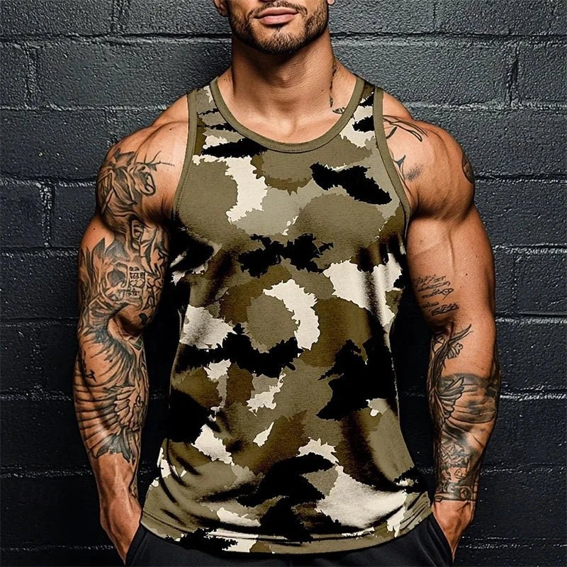 Mandotos men's summer camo print fitness tank top, sleeveless, breathable, soft gym sports vest tee for active wear.