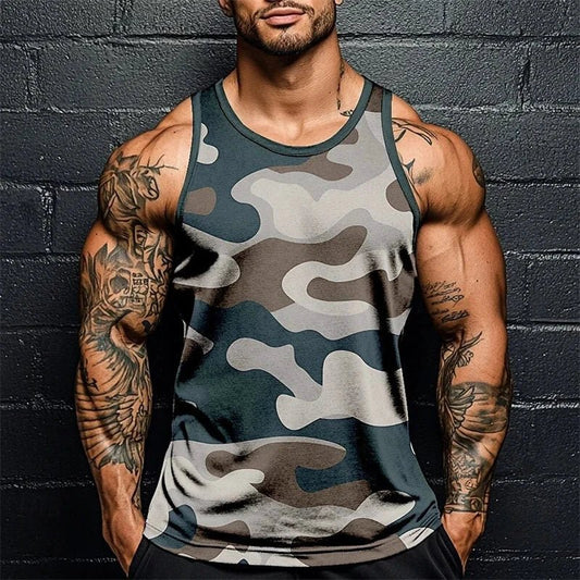 Mandotos men's summer camo print fitness tank top, sleeveless, breathable, soft gym sports vest tee for active wear.