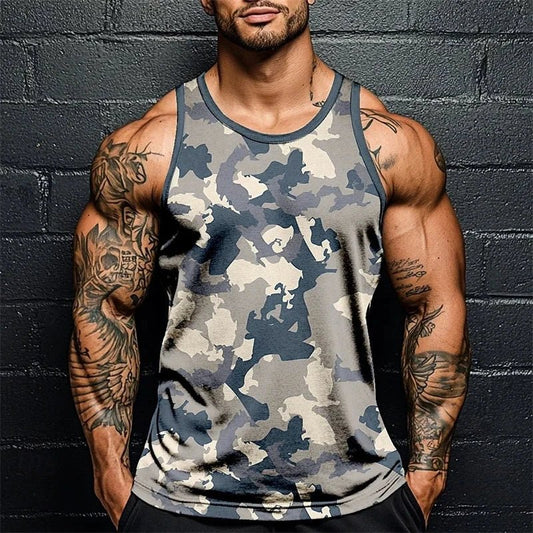 Mandotos summer men's camo print fitness tank top, sleeveless, breathable, soft gym sports vest tee for active wear