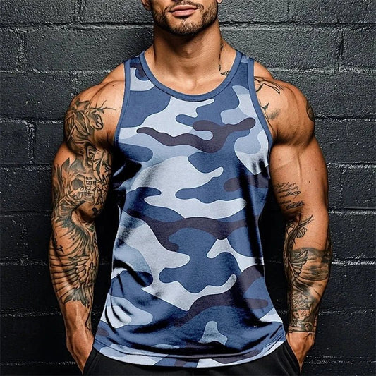 Mandotos men's summer camo print fitness tank top, sleeveless, breathable, soft, loose fit for gym and sports activities.