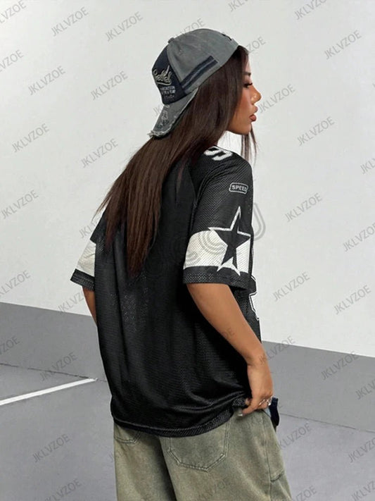 Mandotos black Speed 91 print V-neck T-shirt for women, featuring patchwork design, short sleeves, sports-inspired, oversized fit.