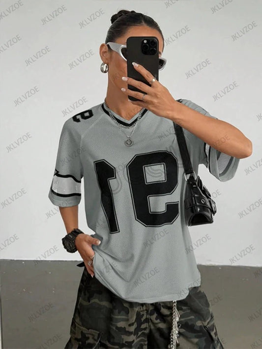 Mandotos black Speed 91 print women's V-neck T-shirt with patchwork, short sleeves, sports football style, oversized Y2K top.