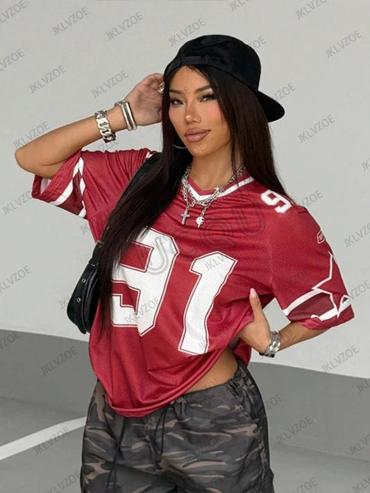 Mandotos black Speed 91 print V-neck T-shirt for women, loose fit, patchwork design, short sleeves, sports football jersey style.