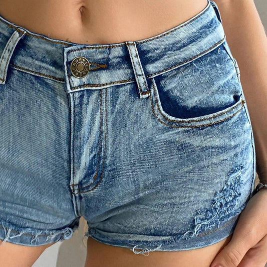 Mandotos Summer Vibe high-waisted women's denim shorts with button detail, stylish and perfect for summer casual wear.