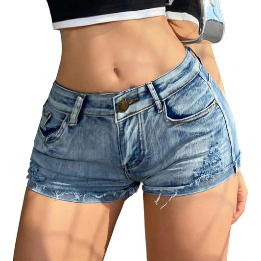 Summer Vibe women's high-waisted denim shorts with button detail, stylish and sexy, perfect for warm weather fashion.