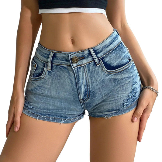 Summer Vibe Women's high-waisted sexy denim shorts with button detail, stylish MANDOTOS summer casual apparel.
