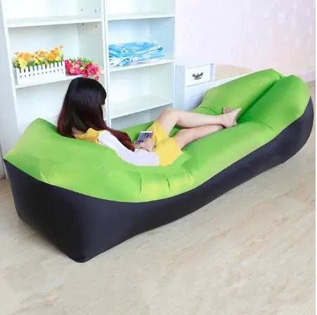 Mandotos SunScape Inflatable Lounger laid out for relaxation, showing its lightweight, portable design and comfortable fabric.