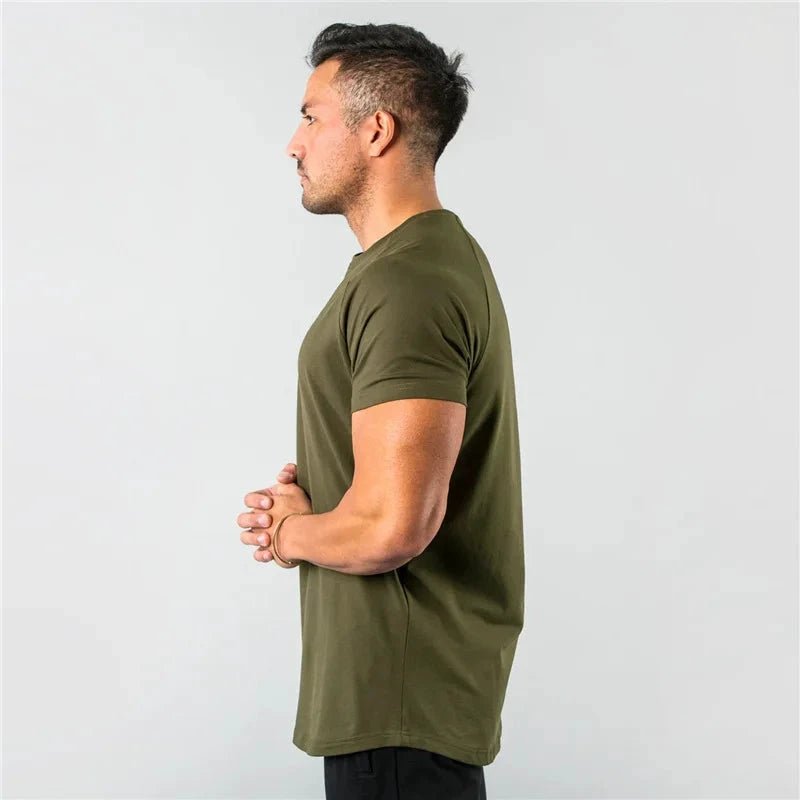Mandotos men's casual short sleeve T-shirt with muscle fit design, ideal for gym, fitness, streetwear, and summer wear.
