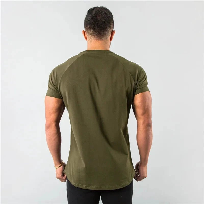 Mandotos men's casual short sleeve T-shirt featuring muscle fit design, ideal for gym, fitness, and streetwear style.