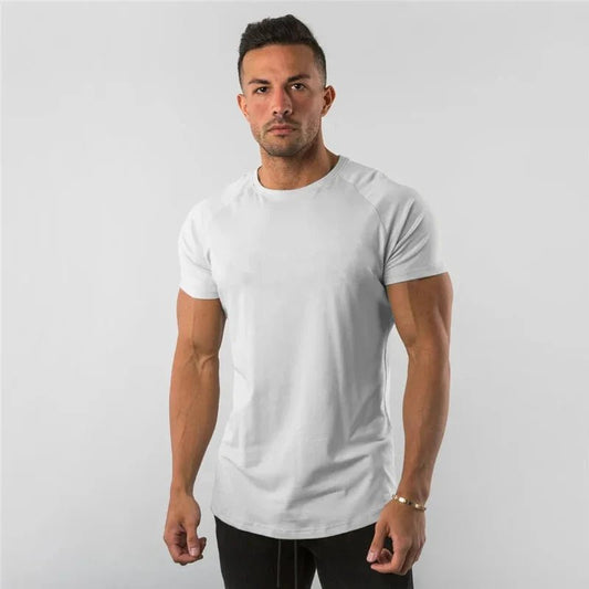 Mandotos men's casual short sleeve T-shirt featuring a slim fit, muscle design, suitable for gym, fitness, and streetwear styles.