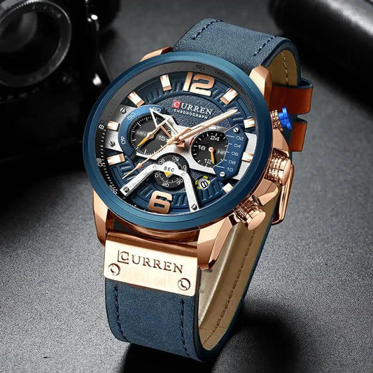 Mandotos Tactical Elegance leather watch with black dial, silver case, and brown strap, showcasing a sophisticated timepiece design.