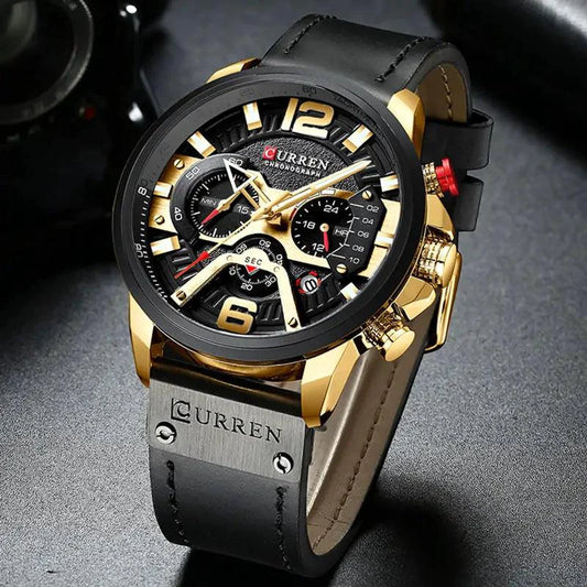 Mandotos Tactical Elegance leather watch with black dial, silver case, and brown leather strap, showcasing a sophisticated timepiece.