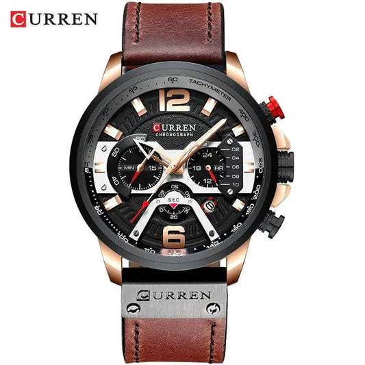 Mandotos Tactical Elegance leather watch with black dial and brown leather strap, showcasing a sleek, modern design.