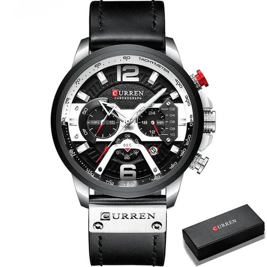 Mandotos Tactical Elegance Leather Watch with black strap and round dial showing time and chronograph features.