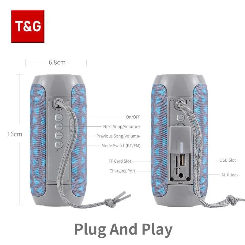 Mandotos TG117 Bluetooth portable waterproof TWS outdoor speaker showing rugged design and control buttons.