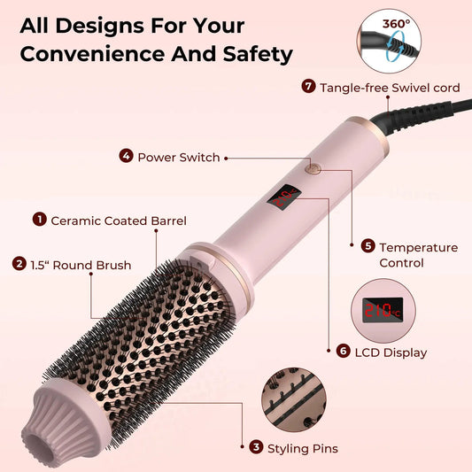 Mandotos Thermal Curl Styler Brush with heated bristles for creating natural, bouncy curls and waves in hair styling.