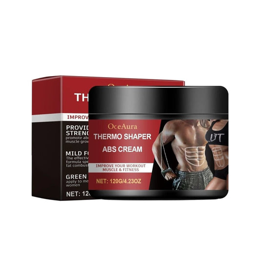 Mandotos Thermo Shaper ABS Cream with natural extracts for workout boost, featuring a tube with cream visible.