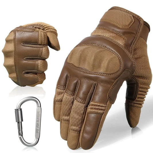 Mandotos touchscreen leather motorcycle gloves showing black leather design with touchscreen-compatible fingertips.