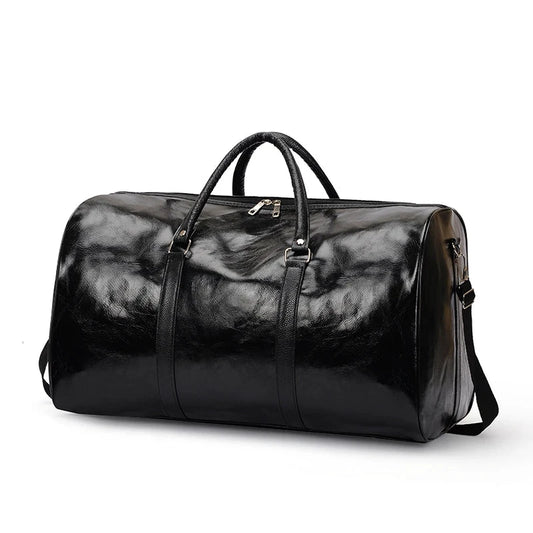 Mandotos travel bag for men and women, stylish PU leather shoulder bag with large capacity, duffle, crossbody, and sports pack features.