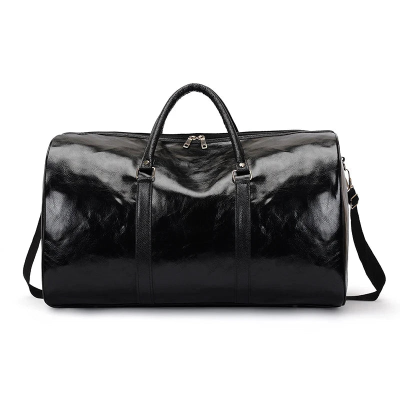 Mandotos travel bag for men and women featuring PU leather, large capacity, shoulder strap, duffle style, ideal for sports or luggage.
