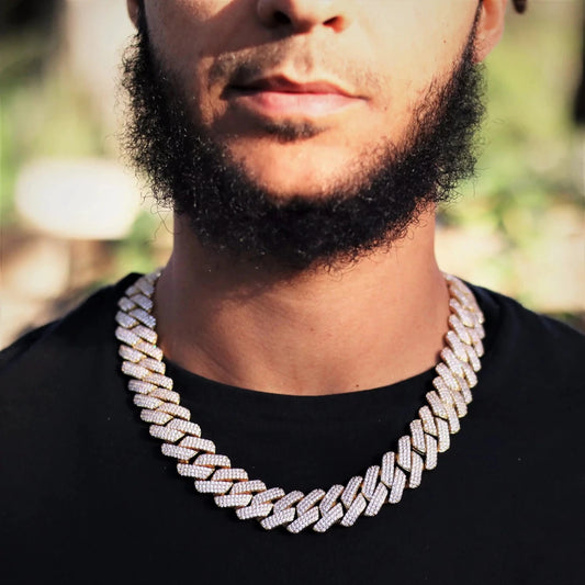 Mandotos triple row diamond gold Cuban chain with sparkling diamonds and thick Cuban link design, luxurious jewelry accessory.