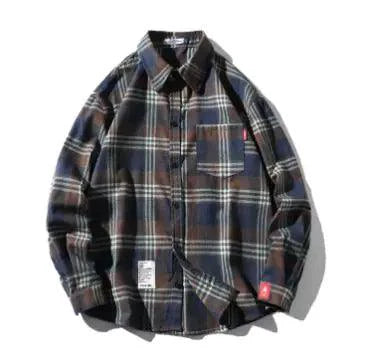 Unisex checkered long sleeve shirt by MANDOTOS with a classic pattern, button-up front, and collar, displayed on a plain background.