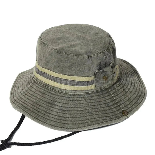 Mandotos unisex summer outdoor hat with wide brim, lightweight fabric, and adjustable chin strap for sun protection.