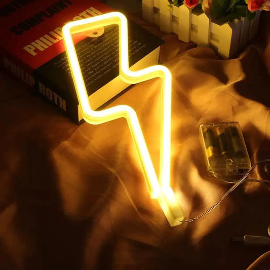 Mandotos USB and battery-powered LED neon lightning sign with vibrant glowing lightning bolt design.