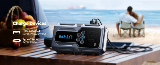 Mandotos UTRAI 1500A portable car jump starter with 150 PSI air pump, emergency power boost for vehicles.