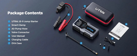 Mandotos UTRAI 1500A portable car jump starter with 150 PSI air pump, emergency power boost for vehicles and travel needs.