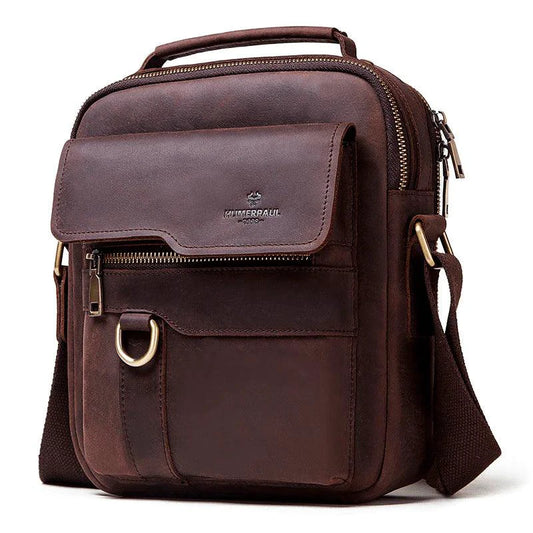 Mandotos vintage leather messenger bag with adjustable strap, front flap and classic design, ideal for everyday use.