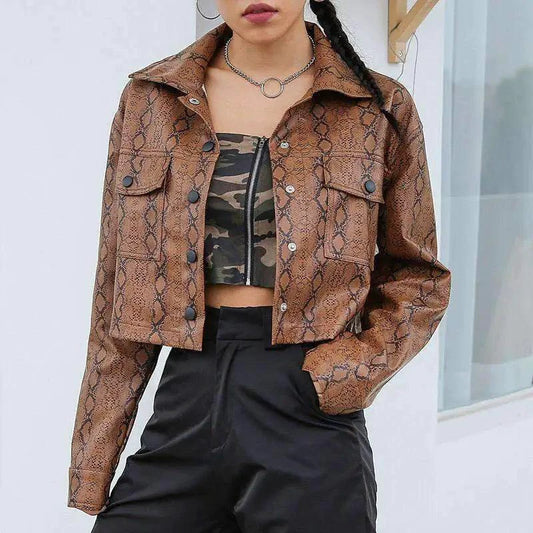 Mandotos Viper Leather Chic Jacket displayed on a hanger, showcasing sleek black leather with stylish stitching details.