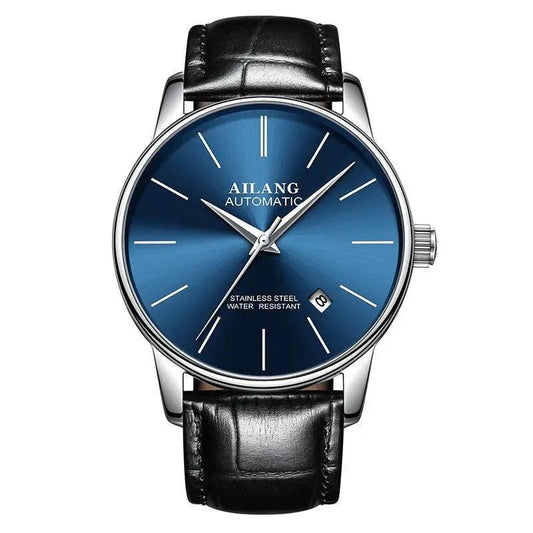 Mandotos men's automatic mechanical watch with black dial, stainless steel band, and silver-tone case.