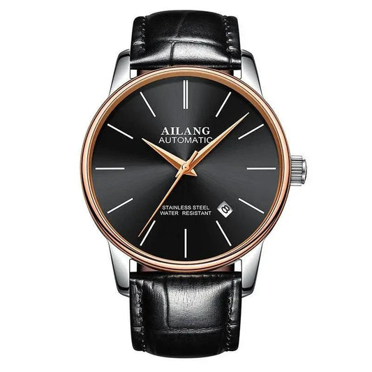 Mandotos men's automatic mechanical watch with black dial and silver stainless steel band, featuring classic design and detailed watch face.
