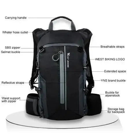 Mandotos Water-Resistant CycleGear Backpack shown with adjustable straps and multiple compartments for cycling gear storage.