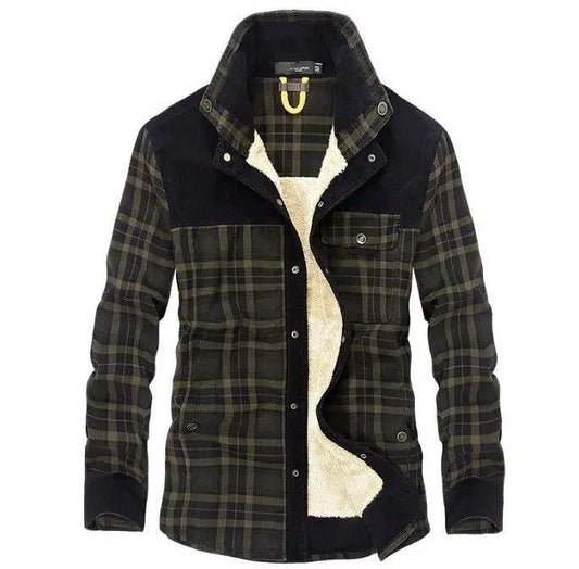 Men's winter jacket by Mandotos featuring thick warm fleece, pure cotton plaid design, and military-style coat.