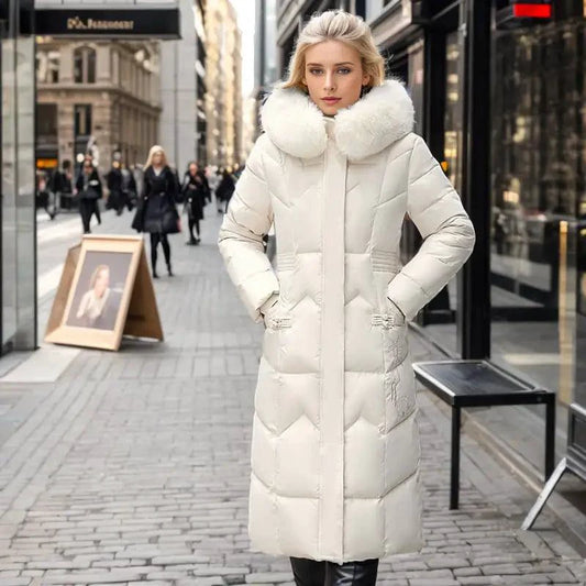 Mandotos winter long coat with thickened fur collar, showcasing a stylish, warm outerwear garment for cold weather.