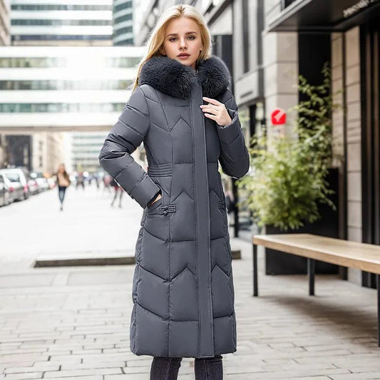 Mandotos winter long coat with thickened fur collar, stylish and warm outerwear for cold weather, black color, front view.