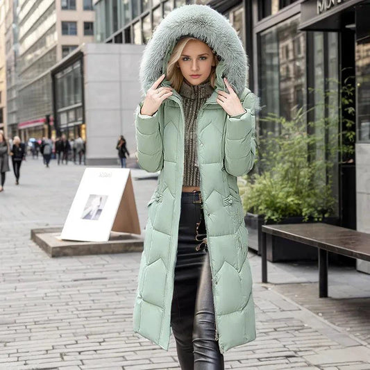 Mandotos winter long coat with thickened fur collar, warm and stylish outerwear for cold weather.