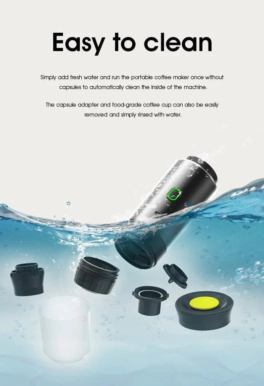 Mandotos wireless electric portable espresso coffee machine for car, home, and camping; 3-in-1 capsule and powder travel coffee maker.