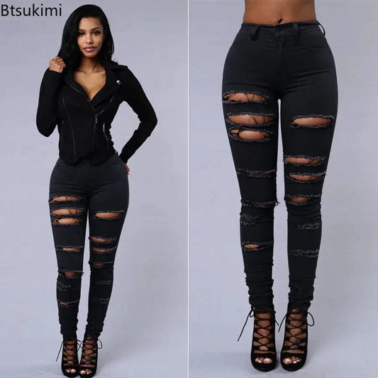 Mandotos women's stretch skinny ripped washed denim jeans with high waist and pencil fit, casual Y2K style pants for women.