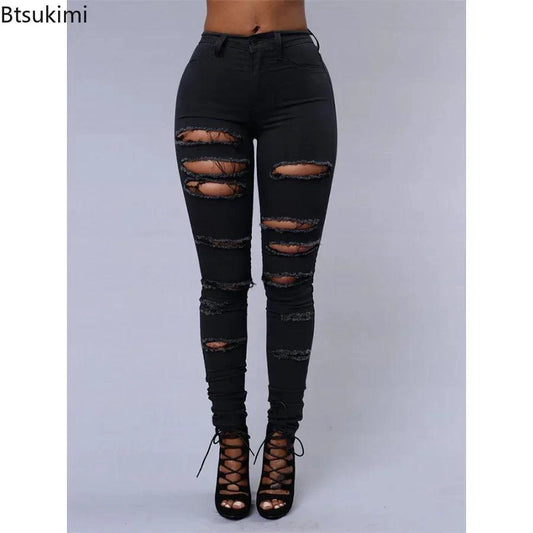 Mandotos women's 2026 high-waist stretch skinny ripped washed denim jeans with distressed holes, casual Y2K style for women.