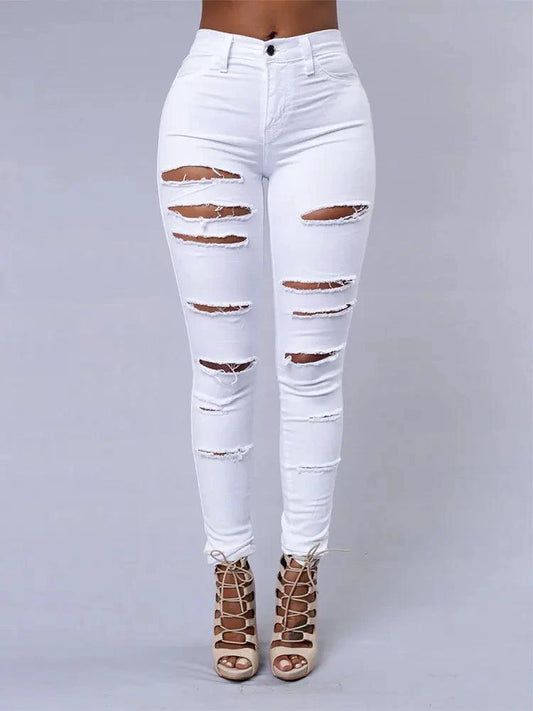 Mandotos women's high-waist stretch skinny ripped washed denim jeans, casual Y2K style with holes and tapered fit.