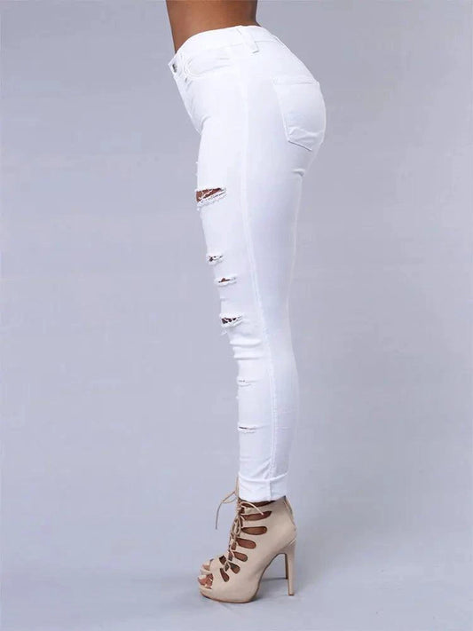 Mandotos women's high-waist stretch skinny ripped denim jeans with washed finish, casual Y2K style pants for women.