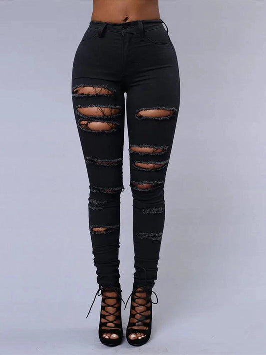 Mandotos women's high waist stretch skinny ripped denim jeans with washed finish, casual Y2K style, slim fit, and distressed details.