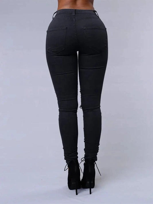 Mandotos women's high waist skinny ripped washed denim jeans, casual Y2K style with distressed holes and stretch fit.