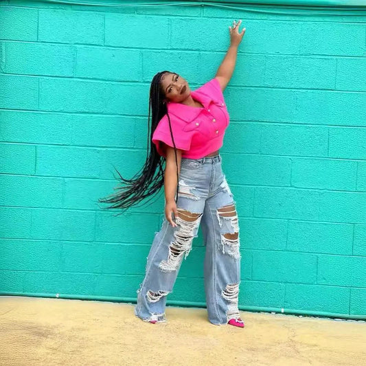 Women's slim fit denim jeans by MANDOTOS with high waist, button pockets, splice design, and straight-leg fit for summer 2024.