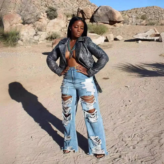 Mandotos women's high-waist slim-fit denim jeans with splice design, button pockets, and straight leg style for summer 2024.
