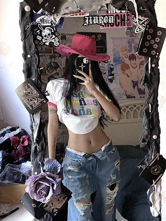 Plus size ripped denim wide-leg pants for women, high waist, straight-leg, summer retro style by MANDOTOS.
